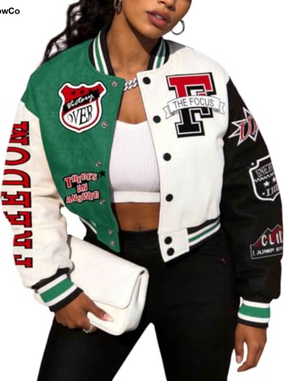 Cropped Colorblock Varsity Baseball Jacket Button Front Streetwear
